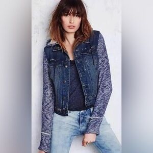 Free People Distressed Denim and Knit Hooded Jacket